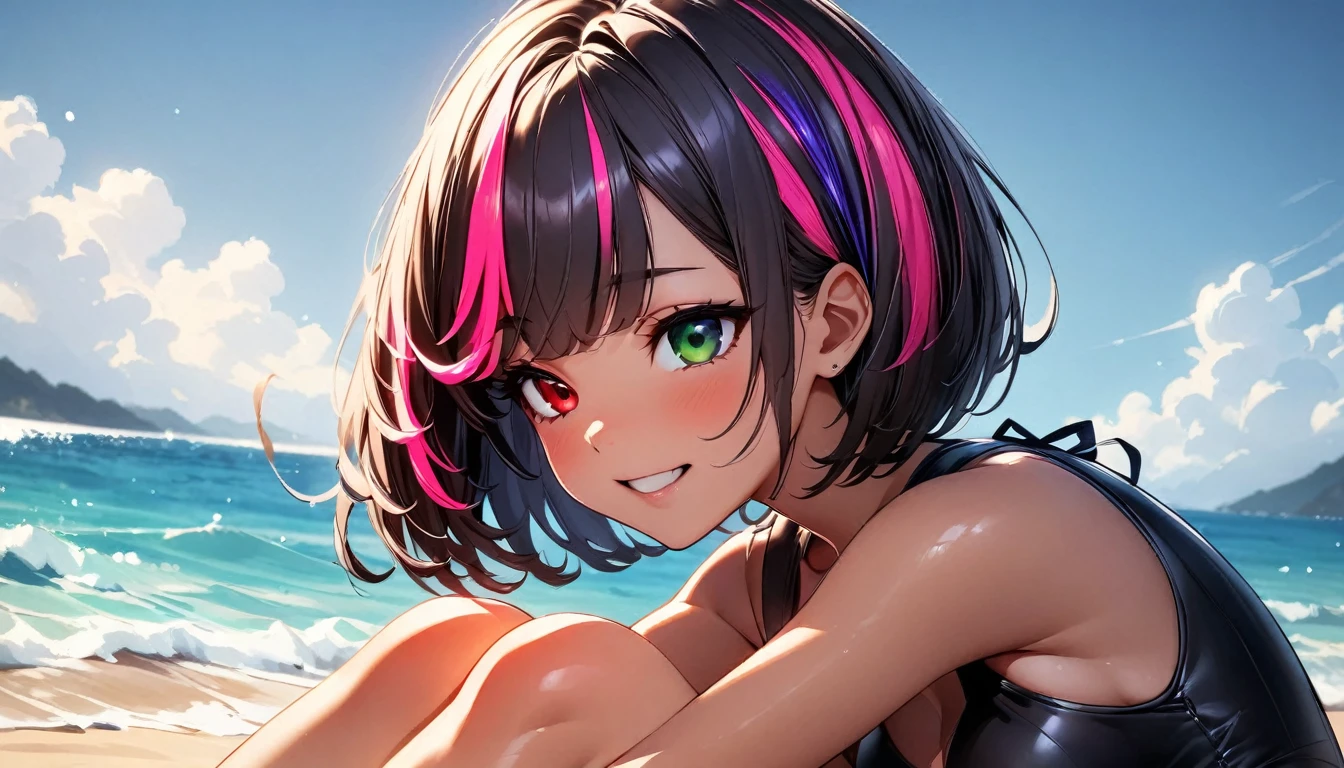 (highest quality:1.2, Very detailed, up to date, Vibrant, Ultra-high resolution, High Contrast, masterpiece:1.2, highest quality, Best aesthetics), Portraiture、girl、solo, (25-years-old:1), slim, heterrochromia, green eye, red eye, Bright colors、Beautiful fine details、Beautiful lip detail、extra short hair, ((bob cut:1.5))、pink and purple, ((streaked hair:1.9)), (highlights hair: 1.6), (monokini:1), (medium breast:0.7), (tan skin:0.5), (happy:1), tropical beach, blue sky, blue ocean, sunshine, ((full body:1)), sitting on beach, knees to chest, looking forward, from side,