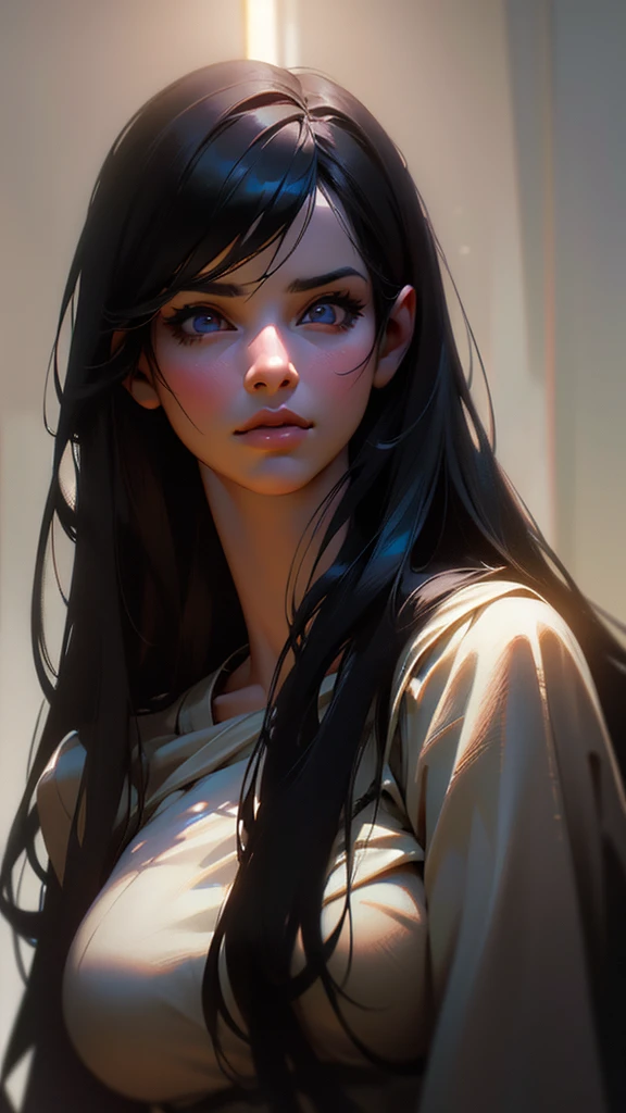 girl with long black hair, beautiful detailed eyes, beautiful detailed lips, beautiful detailed face, large breasts, cinematic lighting, dramatic lighting, chiaroscuro, dark moody atmosphere, hyper realistic, photorealistic, 8k, high resolution, masterpiece, (best quality:1.2), (realistic:1.37)