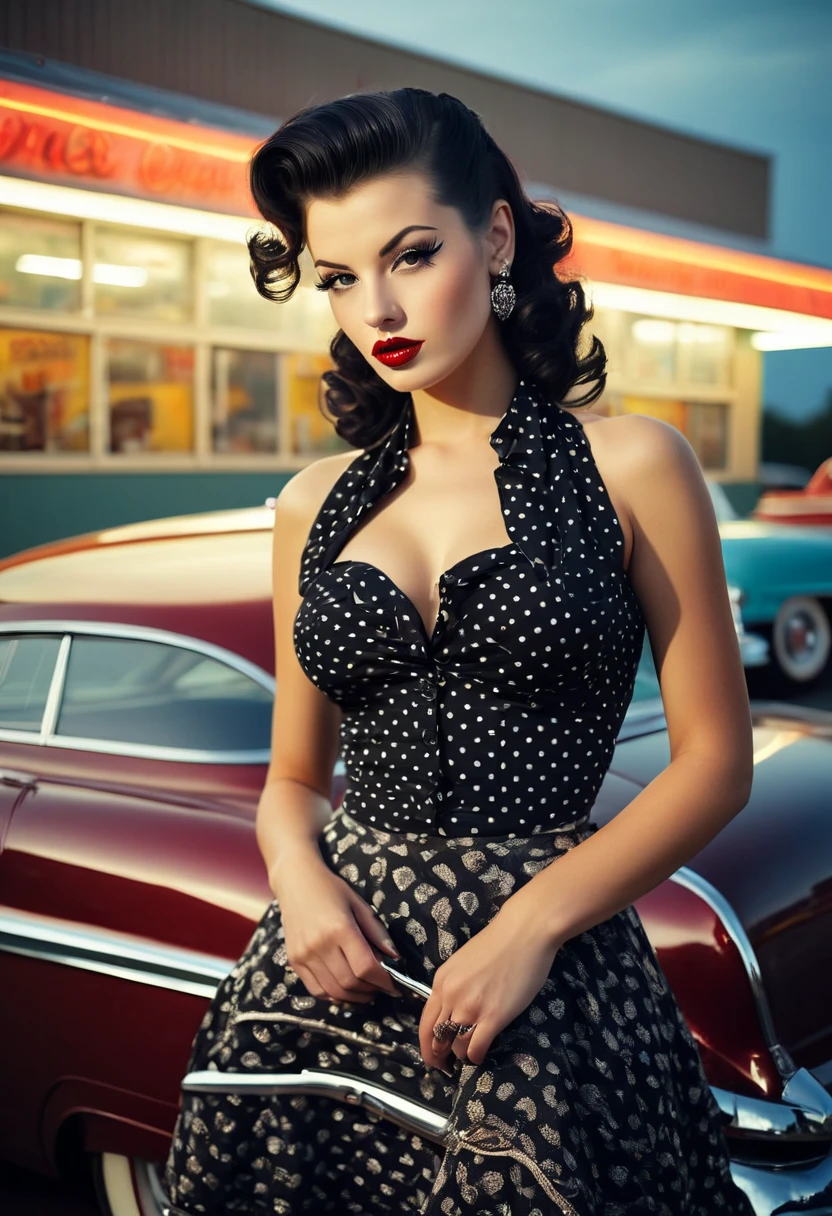 a hyper-realistic photograph of a beautiful rockabilly pin-up model leaning against a hot rod car in the parking lot of a 1950s-style diner, with an interesting camera angle and perspective, volumetric lighting, Depth of field, professional photo session, cinematic lighting. details Intricate, lifelike textures, dynamic pose