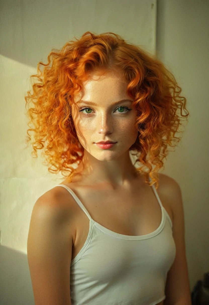work of art, 8k, realisitic, photo-realisitic,1 girl, (bright orange curly hair:1.2), sensuous, Shy little smile, greeneyes, Red-Haired, the 20s, Youngh, Room,(shorts, nobra regatta:1), professional lighting,