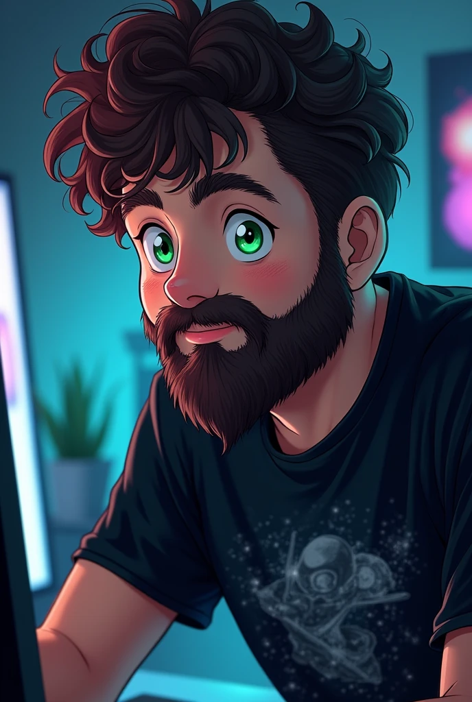 good-looking plump white boy with short frizzy dark brown hair, full beard, green eyes, nerd, gamer, in front a computer, anime style, space black t-shirt