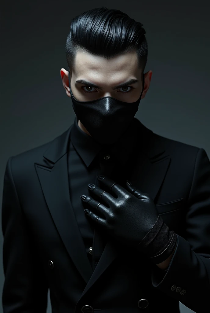 Mask character with wolf cut black hair wear suit and black glove
