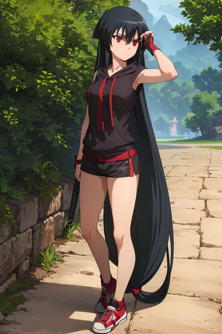 Master piece, best quality,(((1girl,solo))),full_body,akame,red_eyes,black_hair,(((very_long_hair))), yellow_hoodie, short _shorts, loose_socks, sneakers,looking_at_me,backgroud_road