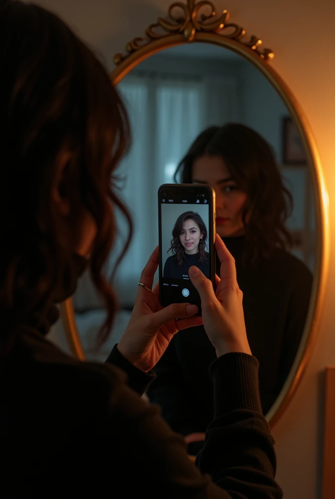 Create a photo of a girl taking a photo with a cell phone in the mirror of a room and her face is not visible