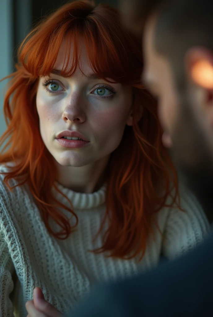 Sad red haired woman ending her relationship with a handsome man