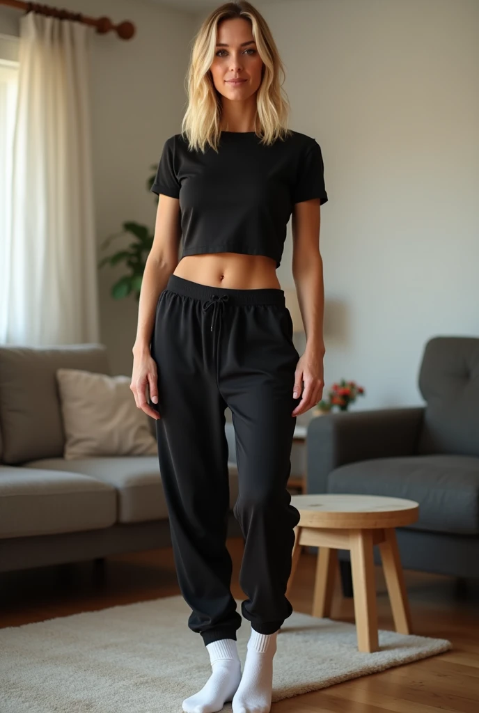Hot blonde 40 year old woman standing in living room wearing Cute black sweatpants and crop top t shirt and white socks no shoes