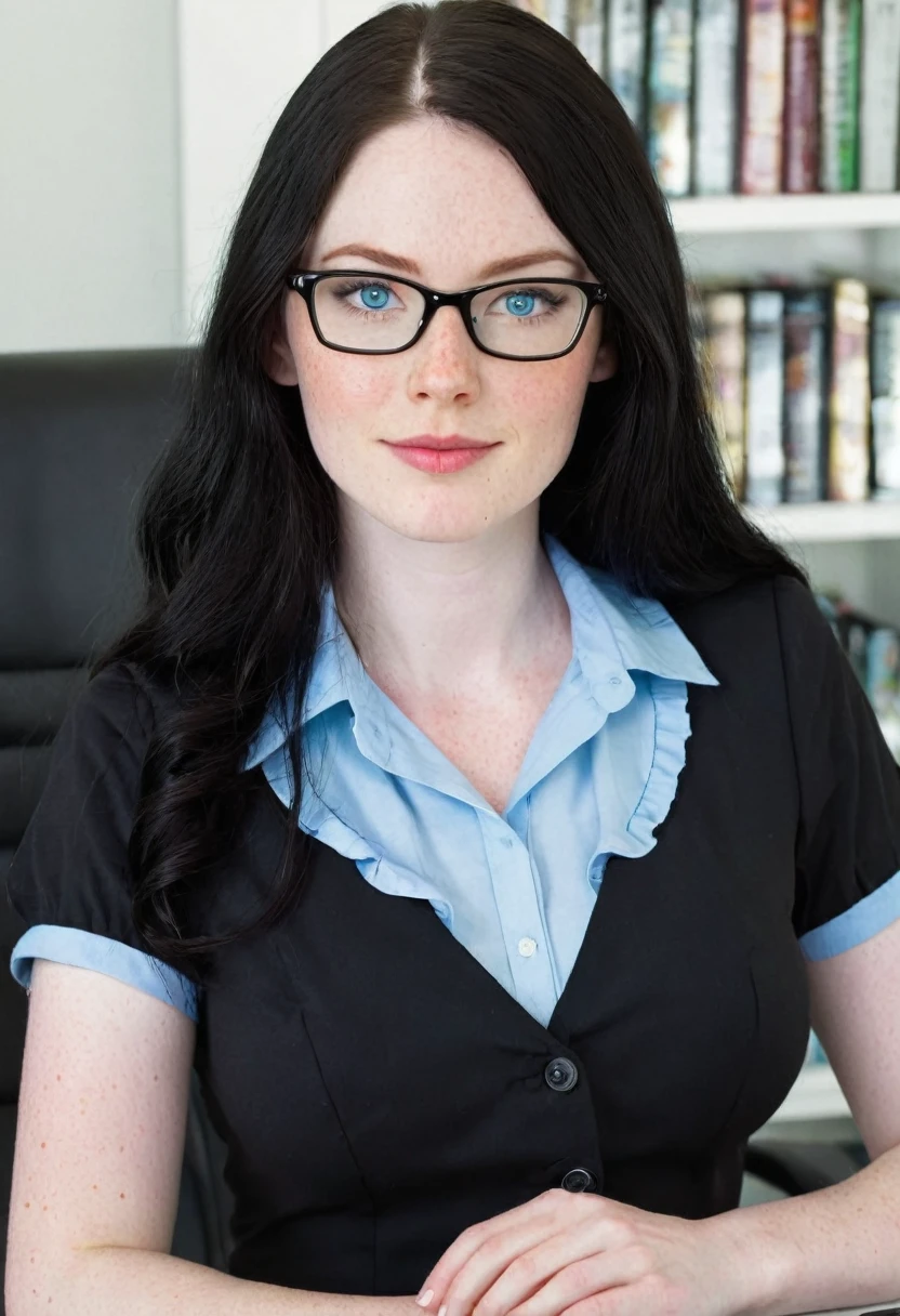 Caucasian woman 1.75 tall, light blue eyes, long black hair, pale skin and freckles, double E breasts, big butt. She is dressed as a secretary and wears glasses.