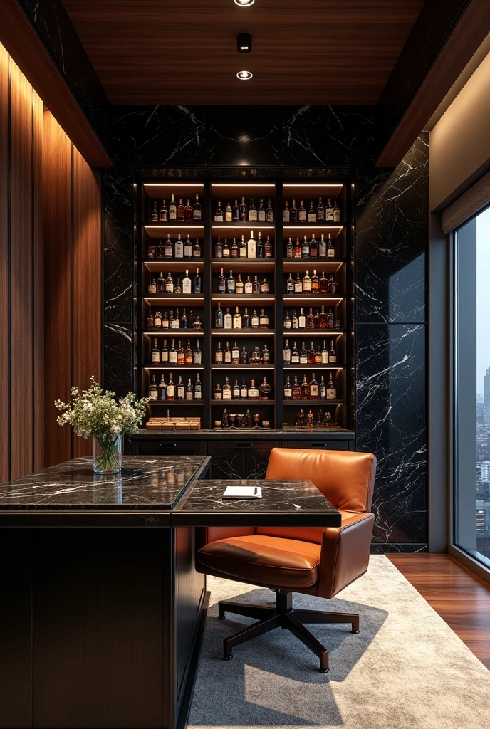 create a luxurious office with some black marble details and a mini whiskey cellar