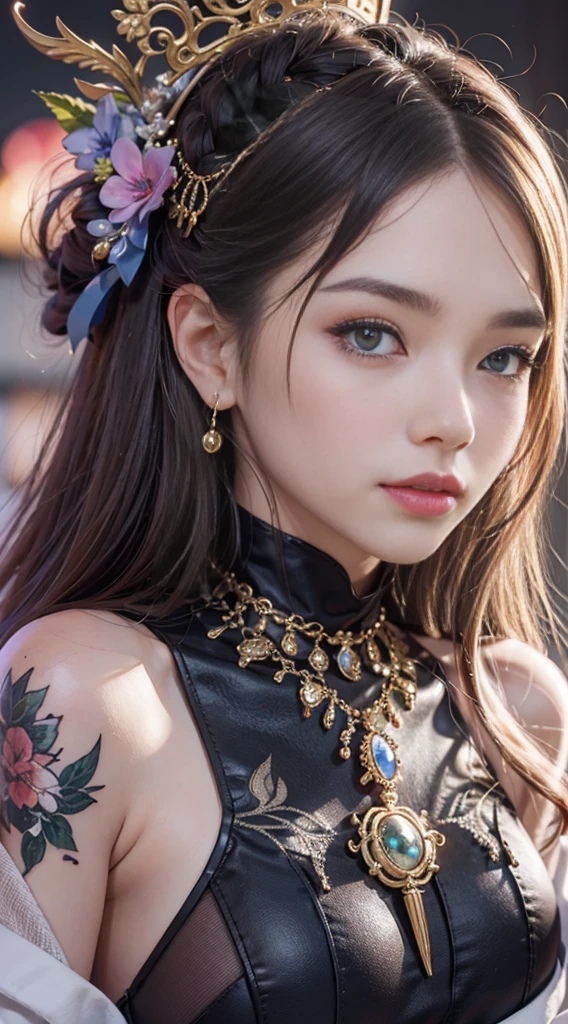 (Browsing Caution,)20歳の若いsaint, 美しくてとてもかわいい顔をしたsaint,,, Beautiful cute face, There is a deep slit in the chest、, A beautiful face without blemishes, Cute smile, ((Hair length 7 colors:1.2)), large crown, Hair brooch, Hamf Dress, chinese ancient style, whole bodyジュエリー, Tattoo on the forehead, The saint&#39;s breasts are round、There are lots, Breast Augmentation Surgery, Innocent face, The most beautiful、Pale red lipstick with attention to detail, ((Thin and plump lips:0.3)), Delicate pink and white eyes (White and fine) Cinematic, Light and Dark, Dramatic lighting, Magic Light, Highly detailed light, natural color, Ultra Sharp, Realistic, 8K quality, Fantasy space background, saintと魔法の空間, The most detailed image, alone, saint,  ((Smooth Skin:0.5)),whole body,whole body,