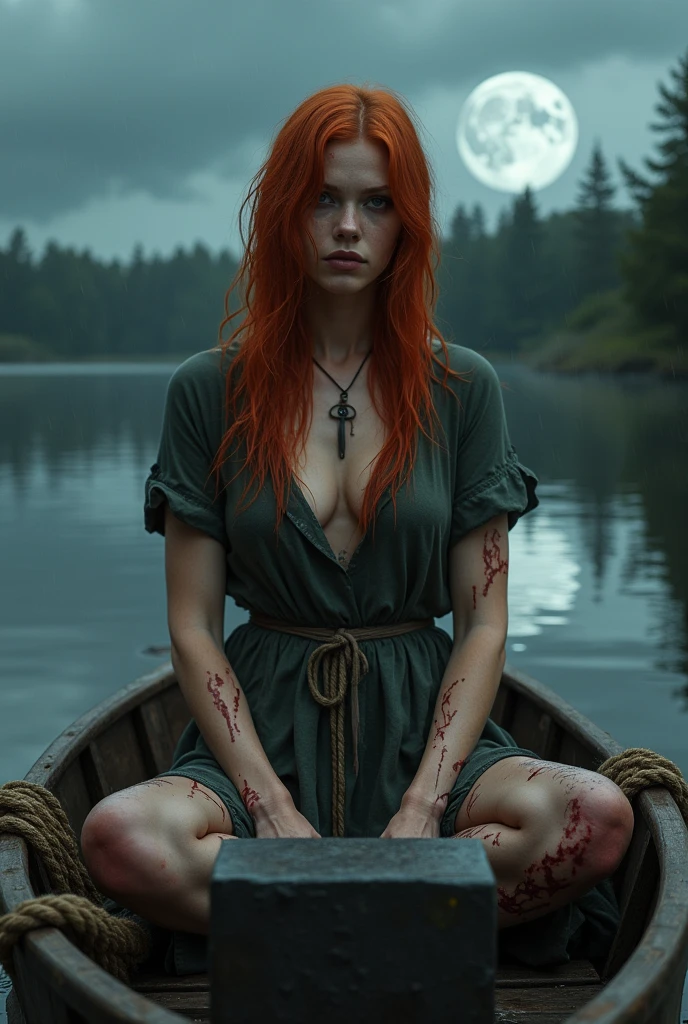 Sdxl Photorealism Realistic fiery redhead Woman BREAK she is holding a big anvil made of cast iron BREAK she is sitting in a small wooden boat BREAK she is wearing a loose fitting deepcowl revealing dress made of wet cotton, soaked cotton, see-trough fabric, wet fabric BREAK there is a big rope tied around her waist BREAK Dark Stormy clouds in the background, bokeh background BREAK her gothic makeup is dripping because of the heavy rain, downpour rain, diluvian rain BREAK the water of the lake is dark + shimmering pale spectres of liquid souls streaking under the surface BREAK she has bruises on legs, around her neck and on her forearms BREAK she is extremely goodlooking, perfect female proportions, slender but athletic, medium pointy breast, hard nipples under the wet fabric of her torn dress BREAK subliminal medusa head in the fullmoon in the sky, barely perceptible BREAK rule of third composition + 8k + HDR studio lighting + cold color palette + vivid textures +