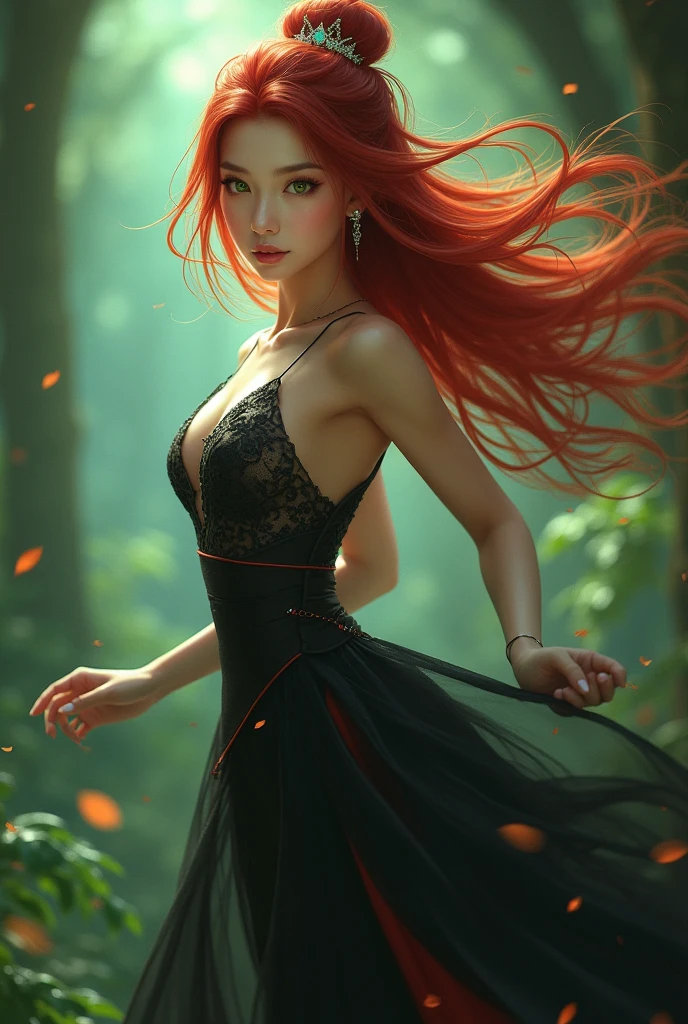 A magical princess with Asian features, She is slanted and her eyes are green., Her hair is reddish down to her waist, a beautiful body and wears a black dress between reddish , She lives in a magical world and is the most powerful princess.