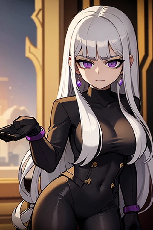 A with pure white straight hair, Purple Iris, Wearing a black tactical suit with gold thread、She wears gold earrings in the shape of snakes. Detailed eyes, Detailed face, Complex grunge costumes, Cinema Lighting, Realistic concept art with strong backlighting.