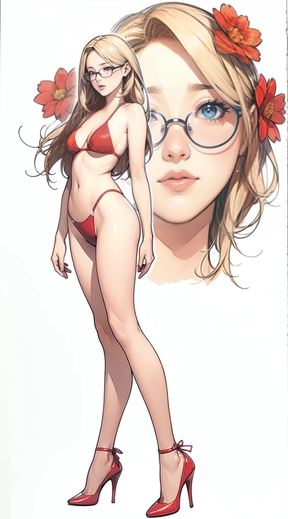 Rough watercolor sketch、Showing a highly detailed portrait of a head with flowers in hair。, とてもBeautiful Eyes, Beautiful Eyes, Perfectly centered image, White space around drawings, Focus on the face line, Dripping watercolor, Ink outline, 32K resolution, Highest quality, Like a doll,Full body portrait,Swimwear,Red Bikini,
Blushing, Blonde, You can even see the feet,Anatomically correct, Glare,Angle looking up from the feet,Red High Heels,Standing with legs apart,Glasses,I'm stretching to get something off the shelf,Simple Background, ponytail