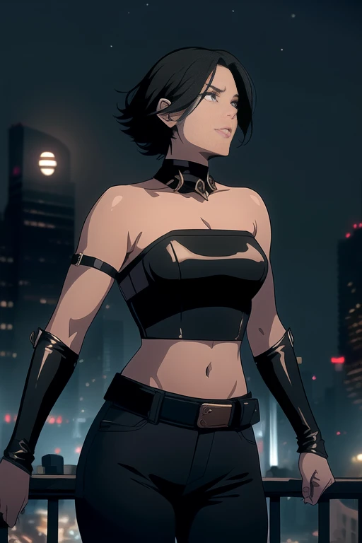 (Masterpiece, Best Quality), (A Gorgeous 26 Years Old woman), (Short Black Hair:1.4), (Tan bronze Skin:1.4), (Yellow Eyes), (Smug and Arrogant smile), (Black Leather Jacket, Strapless Black Tube-Top, Black Tight Pants and White Belt:1.4), (Snarky Expression), Deep Cleavage, (Midriff), (Dynamic Pose:1.4), (City Road at Night with Moonlight:1.6), Centered, (Waist-up Shot:1.4), From Front Shot, Insane Details, Intricate Face Detail, Intricate Hand Details, Cinematic Shot and Lighting, Realistic and Vibrant Colors, Masterpiece, Sharp Focus, Ultra Detailed, Depth of Field, Incredibly Realistic Environment and Scene, Master Composition and Cinematography, castlevania style