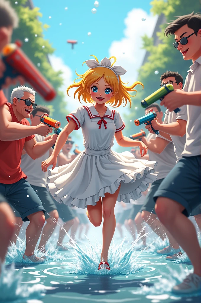 hot summer、A water gun event held at a maid cafe。Several fat old men were holding water guns.、Please draw a fun event where a white maid runs around in all directions and chases her, spraying water violently.。Please express the beautiful water droplets dripping onto the maid.