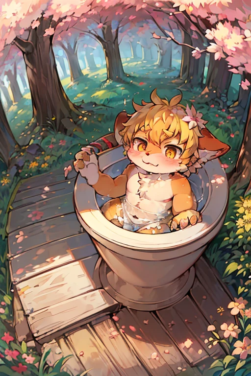 masterpiece,high quality,abstract res,number\(artwork\), From dagasi, Yes,Seizan,(Flower Charcoalo,Fluffy fur,character focus:1.1),Flower Charcoalo male cat,short hair,portrait , Bright eyes, panoramic, character focus.(Detailed background:0.7), solo, hairy, hairy male, Male focus, Masterpiece of time,high quality,abstract res,number\(artwork\), From dagasi, Yes,Seizan,(Flower Charcoalo,Fluffy fur,character focus:1.1),Human male fox,Bright eyes, panoramic, character focus.(Detailed background:0.6), solo, hairy, hairy male, Male focus, Flower Charcoal,(Hairy all over, Hairy tail)fur,A five-year-old boy,cute,Hip bulge,Toddler,Blood-red pupils,A tail with a white tip,The ends of the limbs are white,Cute meat pads,Claw,cute boys,The ear tips are orange,Big hairy ears,Hairy big tail,Reasonable composition,Pale yellow hair,Brown cloth bag,In the woods,Extremely fine water, naked,towel,Slightly reddened,Dress coolly,Blonde short hair,Thin children,Blonde hair,cute child,cute little adventurer,Be open-minded,Ultra-clear, japanese village, blossom tree, toilet, pooping on toilet