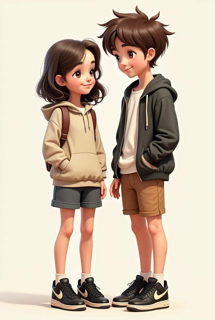 Generate me a short girl about 1.60 with medium dark wavy hair and a small mole on the side of his nose, Next to her there has to be a boy a little bit taller than her, not too skinny but not too fat, with brown hair not too light and both of them wearing black Air Force 1 sneakers.