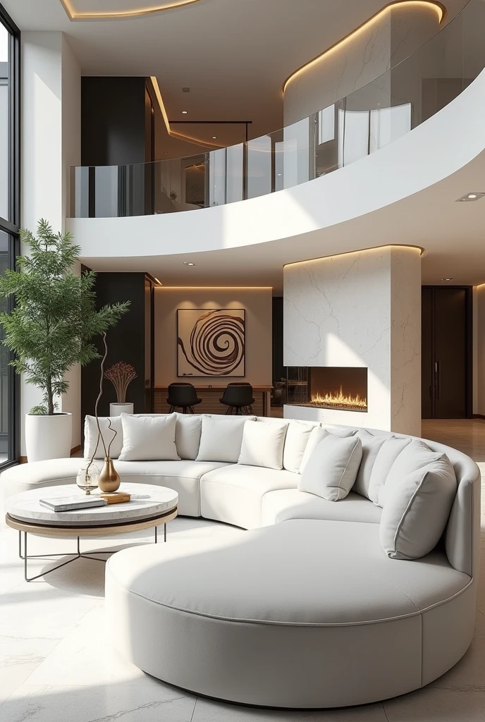 Professional 3d architecture rendering design of modern and minimal so light big curve white  velvet sofa and white marble slab stone and white  white marble flouting fireplace and spiral painting wall and modern  and elegant accessories and sculpture and modern green space and white marble slab stone middle table and elegant curtains 