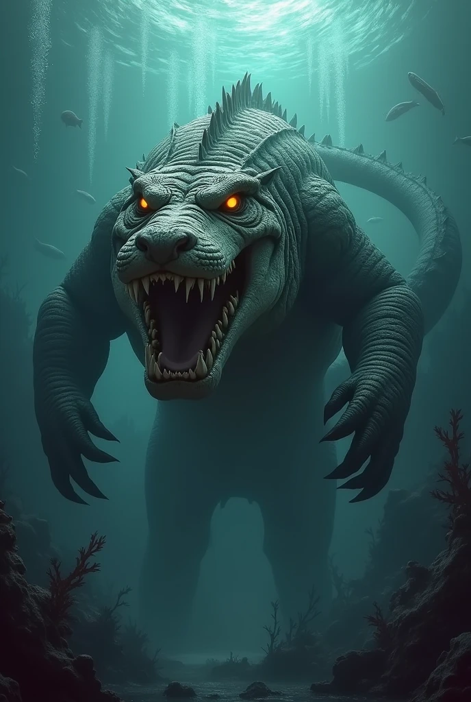 Gigantic,Mythical ,scary and horrible cross between a tiger and a crocodile swimming under the ocean with scary ocean background