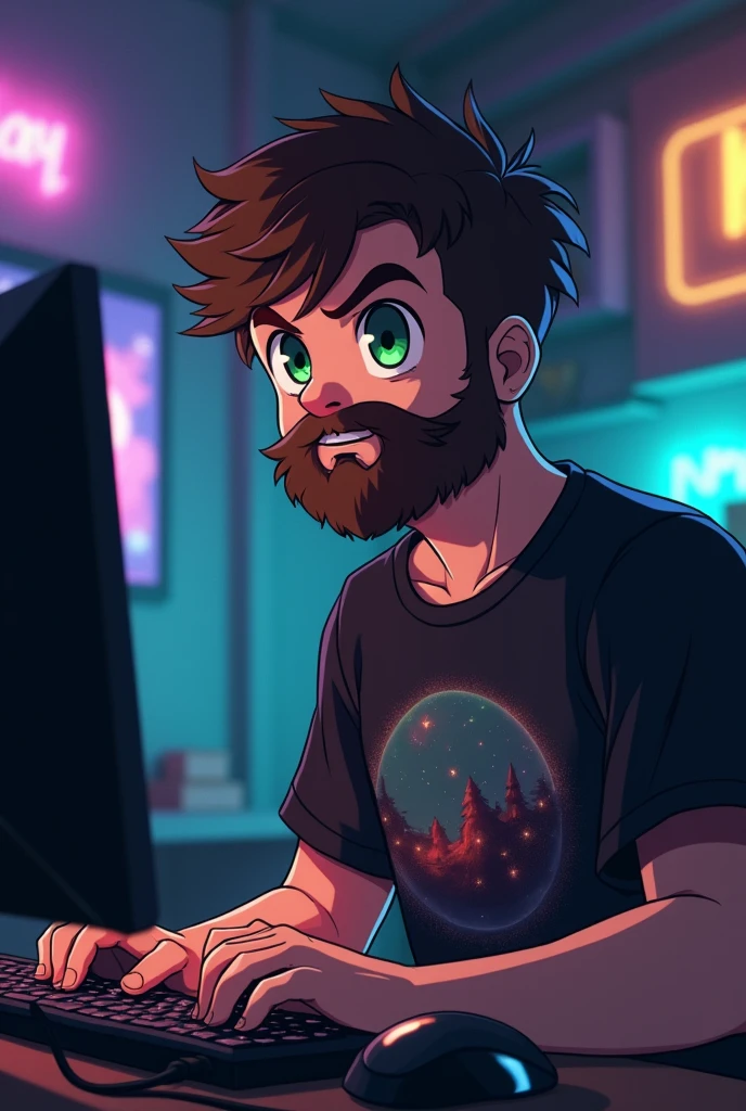 good-looking plump white boy with short frizzy dark brown hair shaved on the side, full beard, green eyes, nerd, gamer, in front a computer, anime style, space black t-shirt