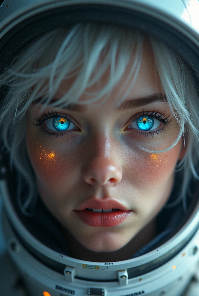 (Close-up of a better masterpiece:1.5)0.9], (Space and astronauts:1.2) (Messy silver hair:1.1) (Heterochromia xanthochromia and blue eyes:1.2) (Space Helmet:1.0) (Colored stars in the eyes:1.0) (A radiant glow:1.1) (thick lips:0.9)