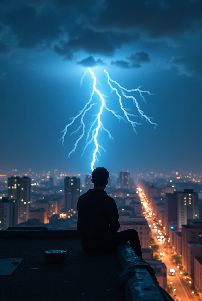 create an image of a brightly lit city with a black person sitting on the roof of a building, a sky with clouds and lightning