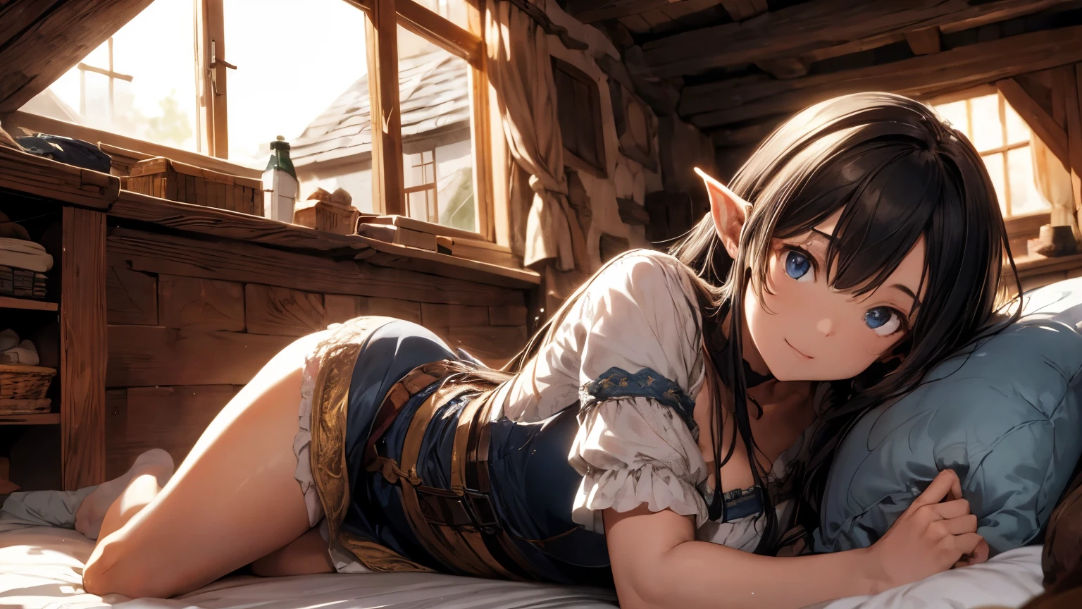 medieval inn scene room with an cute and sexy long hair elf girl with sleeping in on bedroom. She is feeling the gentle breeze as the sun shines through the medieval window.