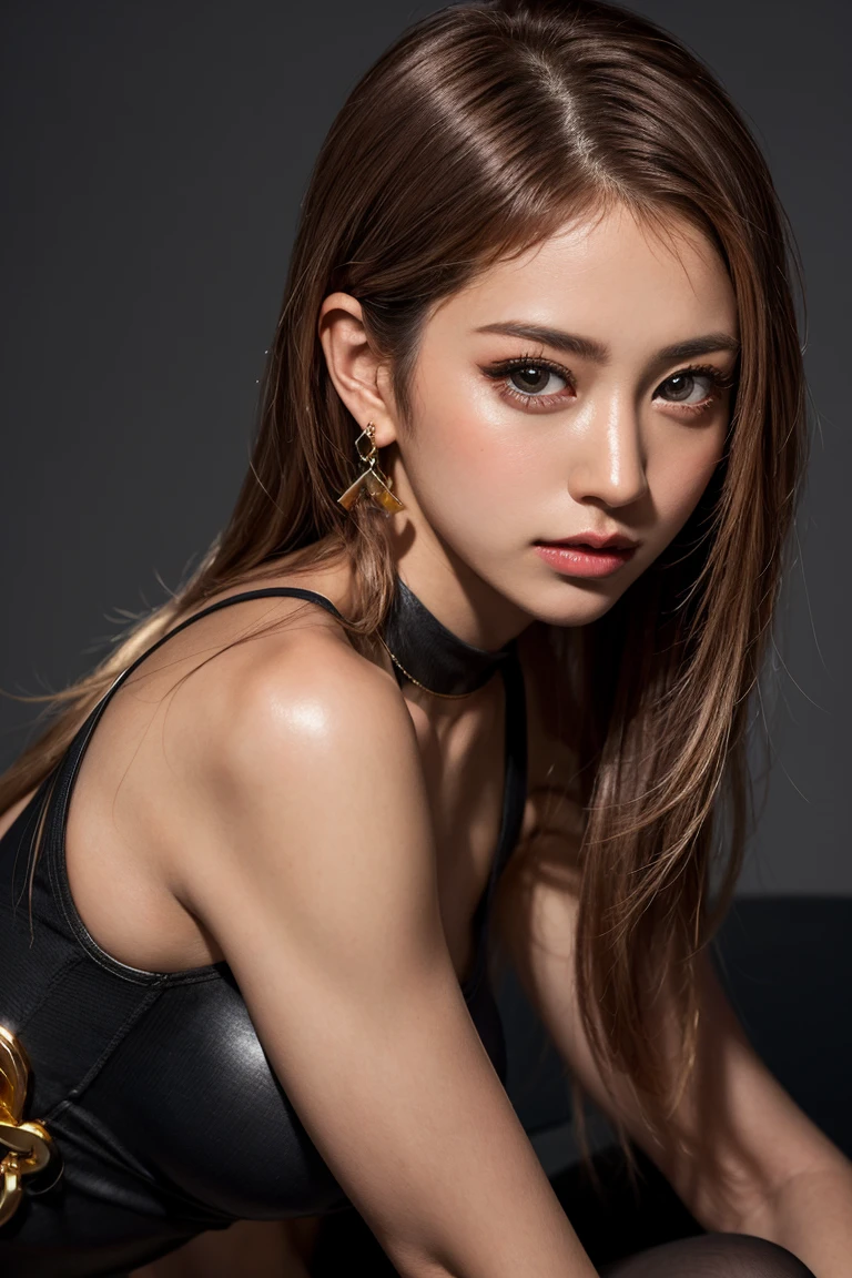 Highest quality, Tabletop, Ultra-high resolution, (Realistic:1.4), (Japanese Idols),RAW Photos, One Girl, Black Hair, Glossy Lips,21 years old,Beautiful and beautiful eyes,Diamond jewellery,Earrings,Gold Jewelry,Cold Light,,(Strengthened upper arms:1.2)、 Bodysuits、Tight、blush、Gantz