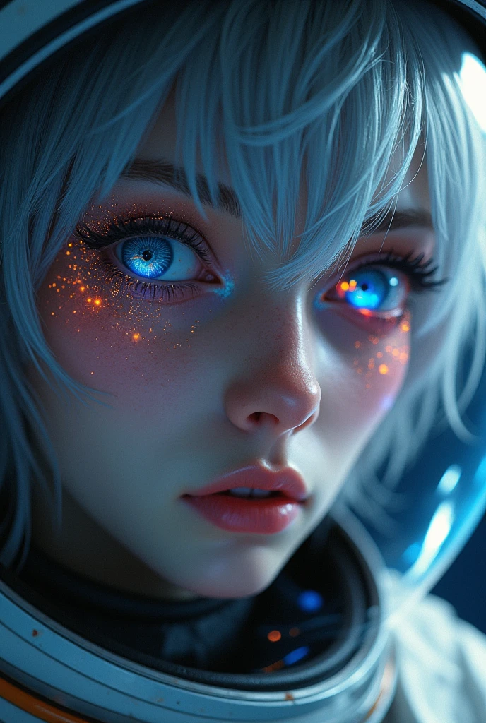 (Close-up of a better masterpiece:1.5)0.9], (Space and astronauts:1.2) (Messy silver hair:1.1) (Heterochromia xanthochromia and blue eyes:1.2) (Space Helmet:1.0) (Colored stars in the eyes:1.0) (A radiant glow:1.1) (thick lips:0.9)