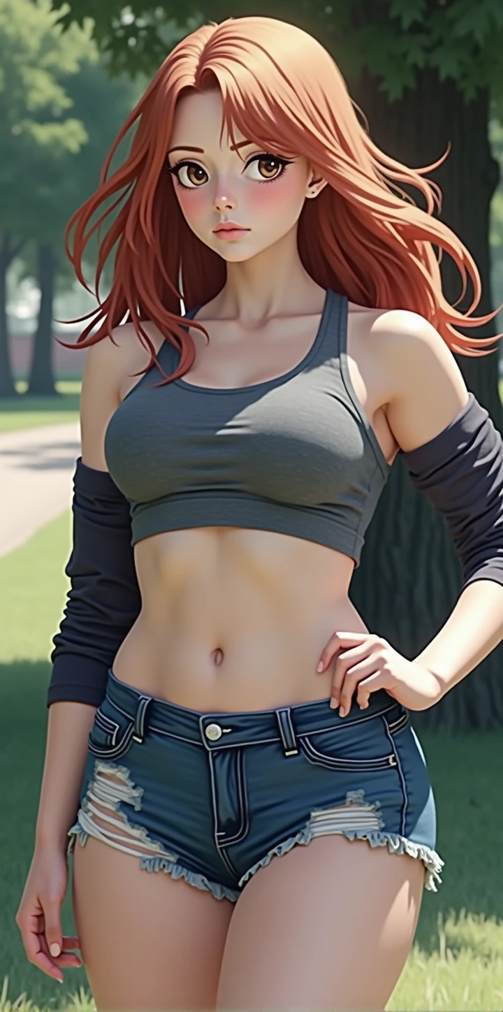 a close up of a woman with red hair and a gray shirt, redhead girl, amouranth, red head, better known as amouranth, smooth red skin, beautiful redhead woman, she is redhead, redhead woman, red haired goddess, short redhead, cute young redhead girl, red hair girl, red hair, with pale skin, she has red hair, redhead, (cuerpo de la imagen)