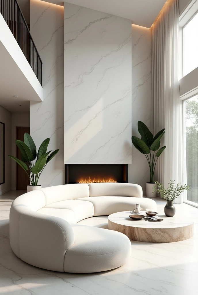 Professional 3d architecture rendering design of modern and minimal so light big curve white velvet sofa and white marble slab stone and white white marble flouting fireplace and spiral painting wall and modern and elegant accessories and sculpture and modern green space and white marble slab stone middle table and elegant curtains