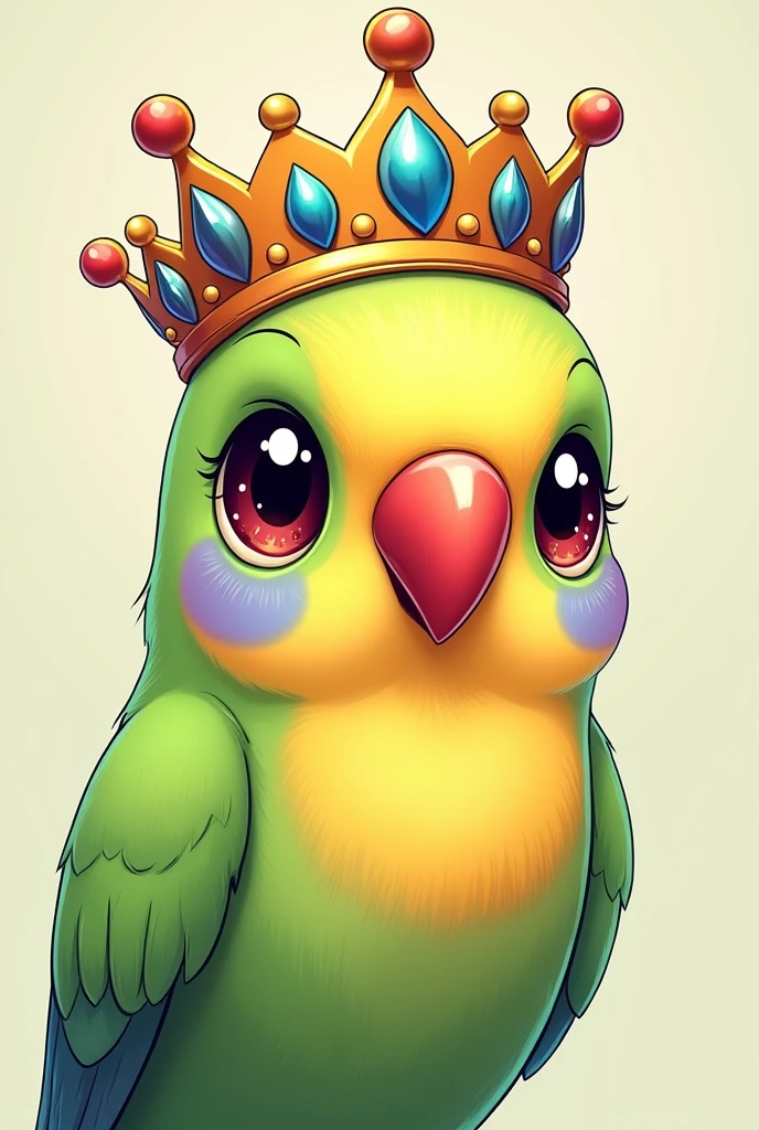Create an anime style parakeet head image. The parakeet should have a cute and stylish look., with large expressive eyes and vibrant details. Add a shiny, stylized crown around the parakeet's head, with vivid colors and a touch of shine to enhance the image. The background should be simple and smooth, so that attention remains on the parakeet's head and crown.