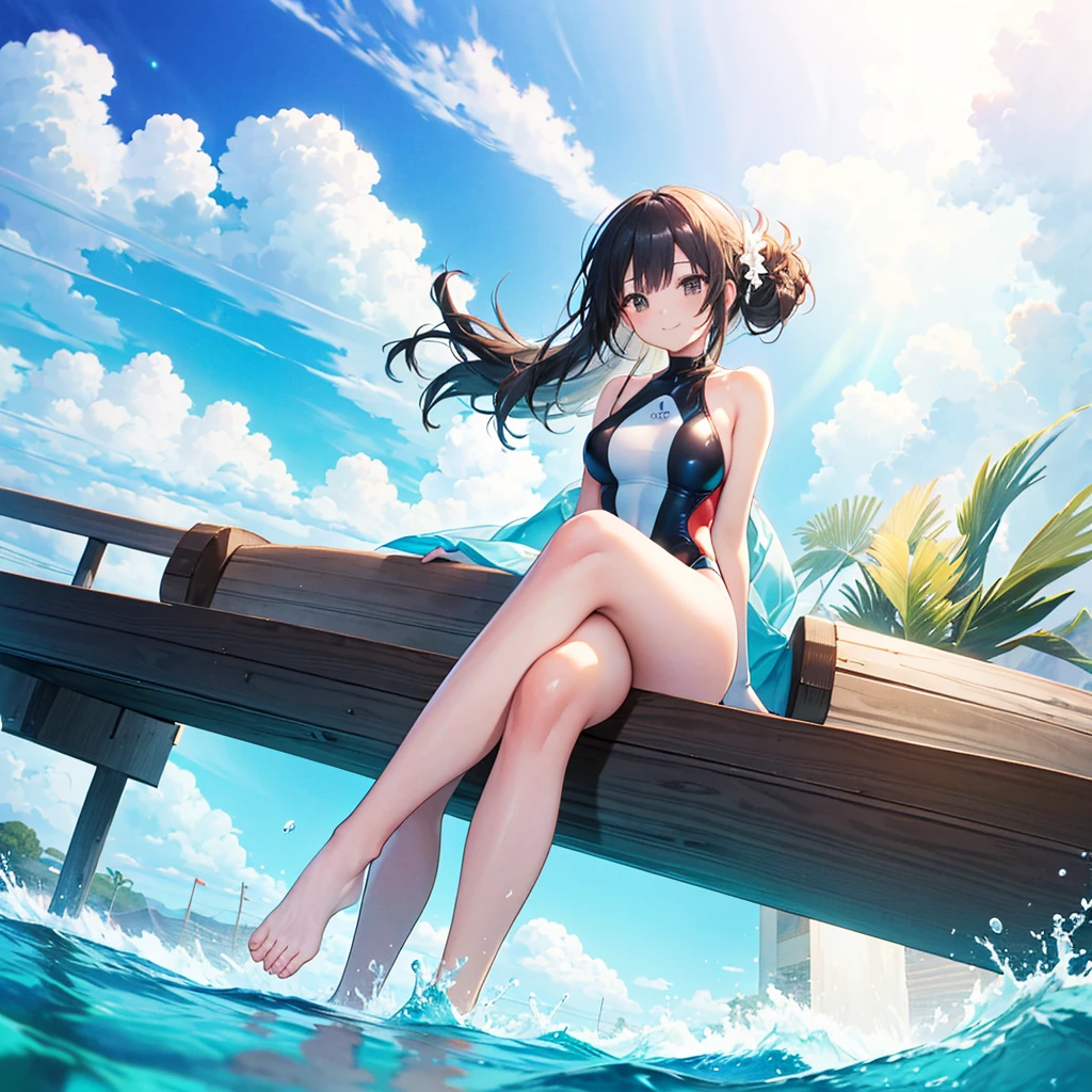 One woman,Mature,((Riding on a float,Crossing your legs,Floating on water)) Long Hair,Center Parting,Black,Shiny Smile Swimsuit,Very stylish,Mature 背景,(Sparkling sandy beaches,Ocean,Reflection on the water Big sun,cumulonimbus) Super anime style