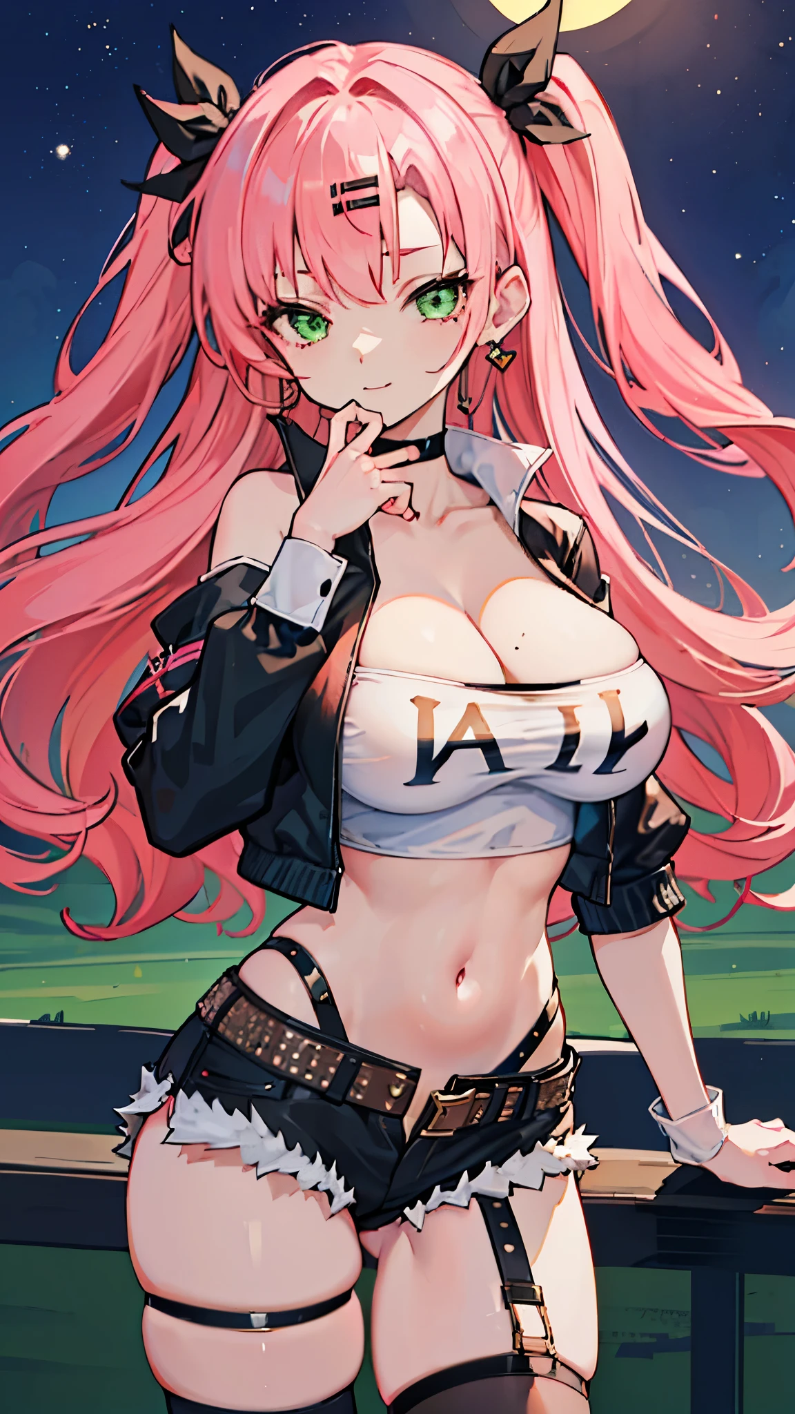 ((masterpiece、Highest quality、Very detailed))、One girl、Pink Hair、Long Hair、Two Side Up、light green eyes、evil smile、hair ribbon、hairclip、earrings、((Large Breasts))、Tube Top、belly button、thighhigh、short shorts、cropped jacket、belt、thigh strap、Cowboy Shot、((night))、Downtown background