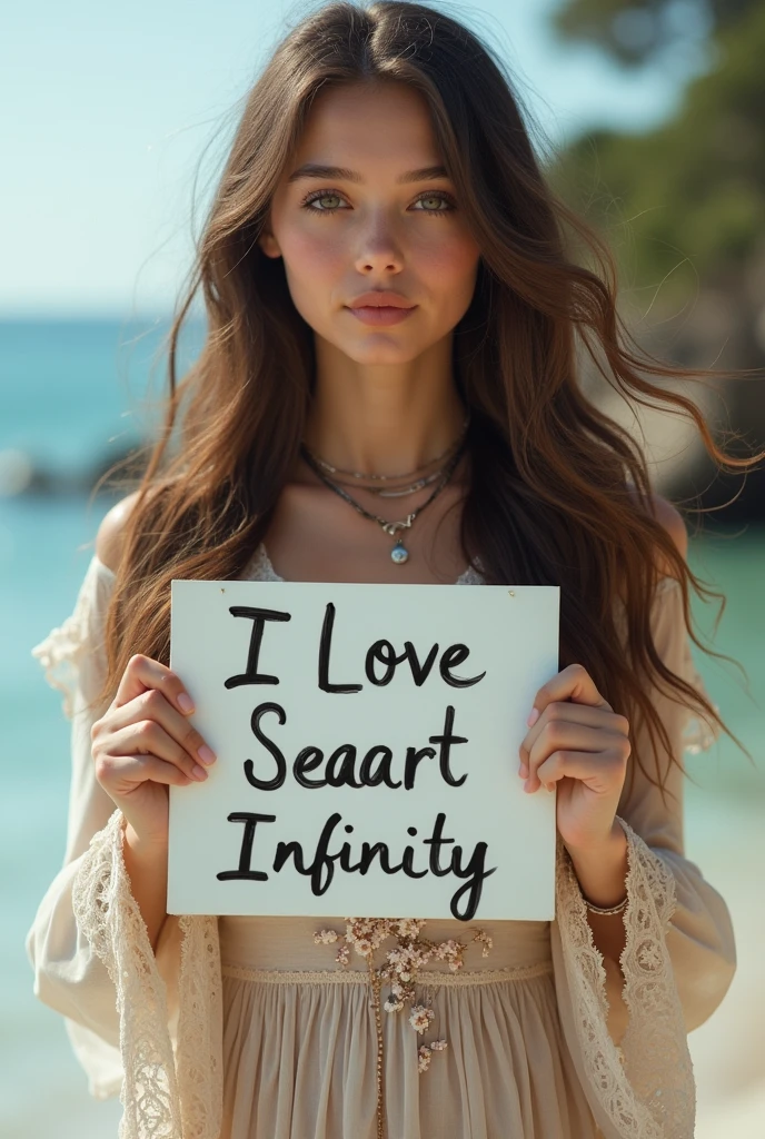 Beautiful girl with wavy long hair, bohemian dress, holding a white board with text "I Love Seaart Infinity" and showing it to the viewer