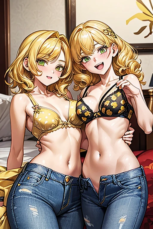 (((flower print bra))), Very detailed、highest quality、Best image quality、masterpiece、8k、Anime Face、A kind smile、Open Mouth、((yellow middle hair:1.5))、big breast, sexy、 beautiful body 、Cowboy Shot, Sexual Intercourse, ((green eyes)), hotel bedroom, ((( Jeans))