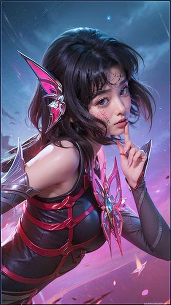 Design a scene featuring Lux from League of Legends in her Star Guardian skin, with a celestial theme, wielding her magical staff, and protecting her team against a starry night backdrop