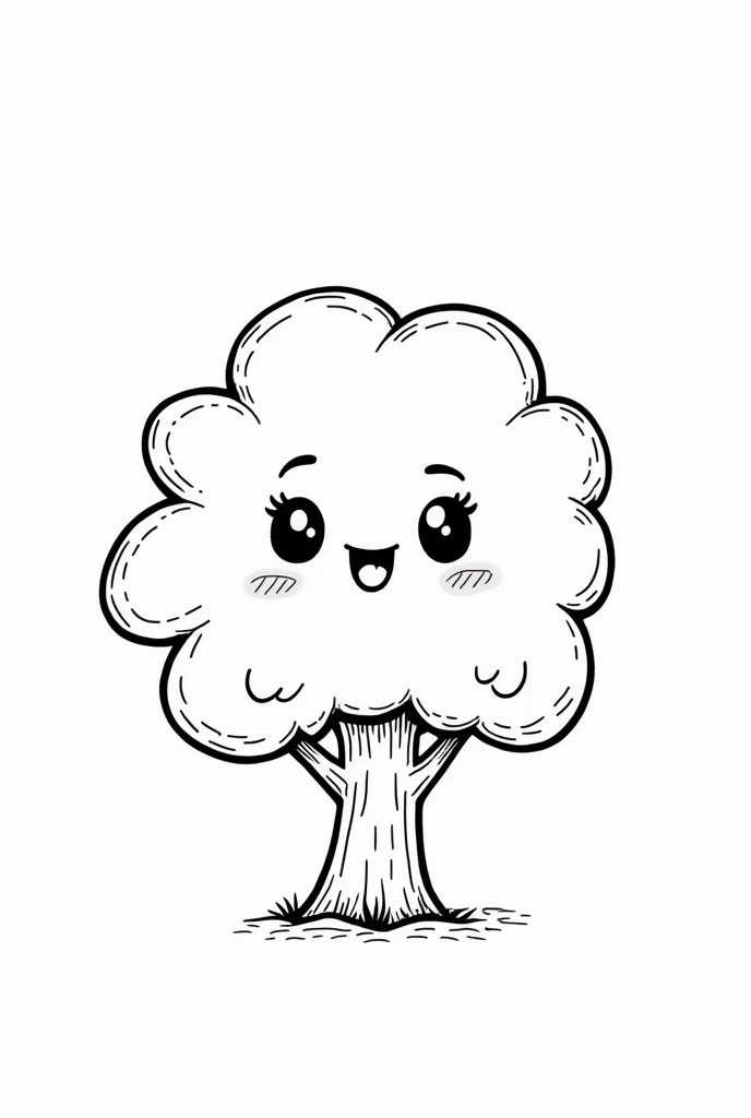 A kawaii style happy tree coloring page for kids, black and white outline drawing