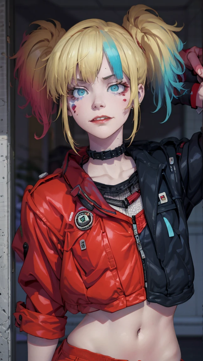 Harlequin, Harley Quinn, fringe, Blue eyes, blond hair, two tails, Correct anatomy 1.1., Very detailed hands, very detailed fingers, blue hair, multicolored hair, necklace, faded hair, draw up, penetrating, pink hair, lips, pomade, lips rojos, They are smiling, smile,
BREAK бедра, gloves, Navel, cutout, jewelry, Jacket, open clothes, shorts, gloves negros, Diaphragm, black thighs, gloves sin dedos, neck, bracelet, открытая Jacket, Jacket negra, Crop higher, torn clothes, shorts, tattoo, chain, ears, Jacket recortada, шипованный bracelet, studded collar, Micro shorts, Jacket multicolor, REST looks at the viewer, whole body, OUTDOOR RECREATION, BREAK (masterpiece:1.2), Best quality, a high resolution, unity 8k wallpaper, (illustration:0.8), (beautiful detailed eyes:1.6), very detailed face, perfect lighting, extremely detailed computer graphics, (perfect hands, Ideal Anatomy), sexual body, blush, ((huge breasts)), sexual