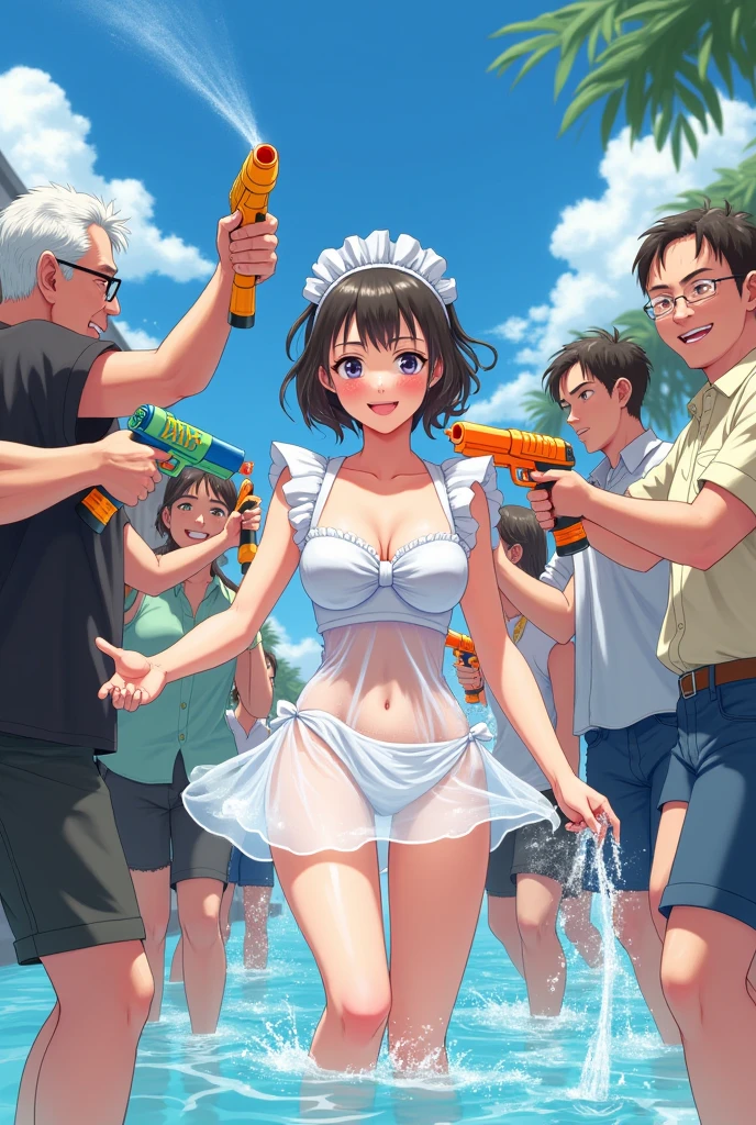 hot summer、A water gun event held at a maid cafe。Several fat old men were holding water guns.、Please draw a fun event where a white maid sits down, retreats, and runs away, and is chased, violently spraying water.。Please express the maid&#39;s transparent clothes and the beautiful water droplets dripping down her body.