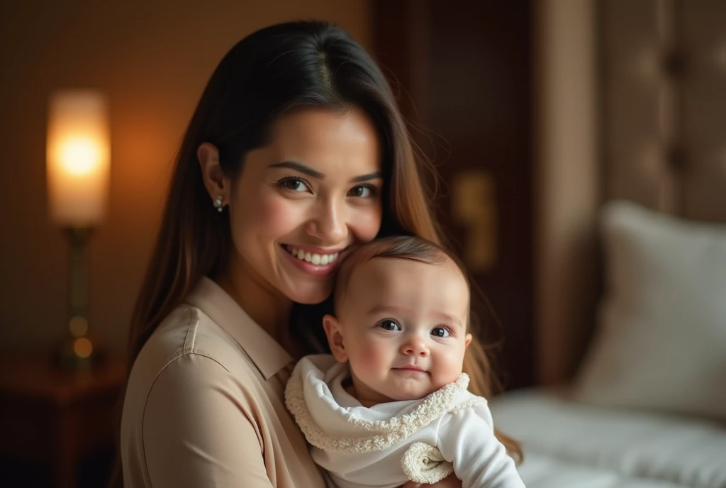 (Highest quality、Tabletop、8k、Best image quality、Award-winning works)、(mother holding her baby:1.1)、Accentuate your body lines、Ultra HD Hair、Ultra high resolution perfect beautiful teeth、The most beautiful smile is looking at me、Ultra-high definition beauty face、Ultra HD Hair、Ultra HD Shining Eyes、Shining ultra-high definition white skin、Super high quality glossy lip、(Accurate anatomy:1.2)、(Extremely blurred luxury hotel bedroom background:1.1)、(Strongly blurred background:1.1)、Luxury wall decor、Luxury Interior、(Royal VIP bedroom in the finest hotel:1.2)、(Moody and luxurious lighting:1.1)