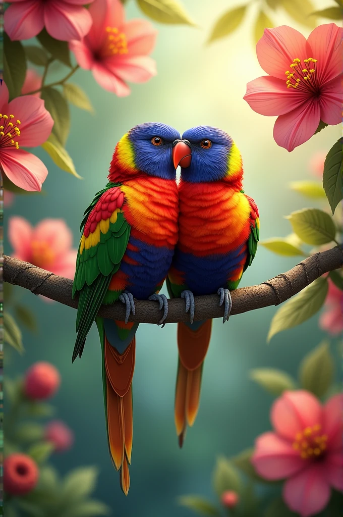 A pair of lovebirds nestled close together on a tree branch, surrounded by blooming flowers in a tropical setting.