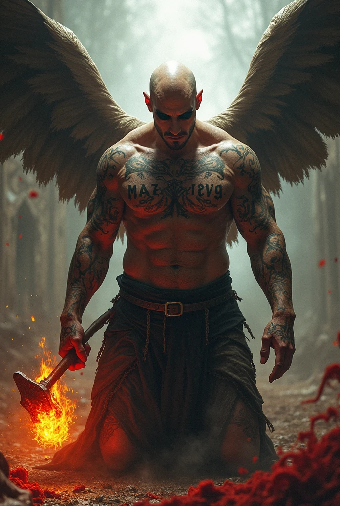 An epic bald angel half angel half demon with blacksmith hammer with tattoos of the letters MAZ VG on his clothes VG with fire on his right hand and white light on his left hand on his knees with black eyes bleeding wounds raining down 