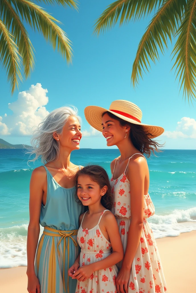 Holiday collage of 2 women, 1 old woman and 1 girl on the beach