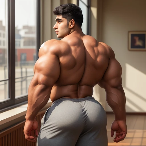4 meter tall slightly overweight indian men. 20 years old. Childish Young hairless fresh face. In london with friend. Very sexy Posing for camera. Muscular. Wearing a henley and a tight gray sweat pants. Big ass. Smooth body and face. Belly seen. Long long legs. View from the back. Sunlight reflection off of the ass.