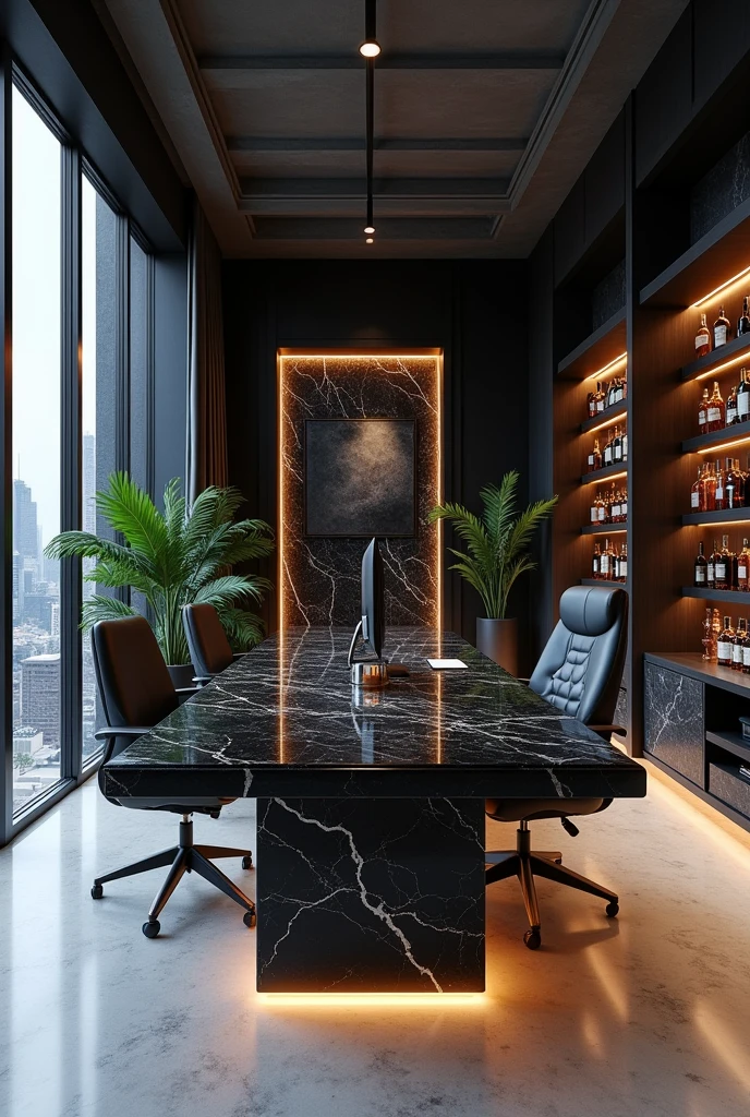 create a large office, modern and luxurious with some black marble details and a mini whiskey cellar, with a computer