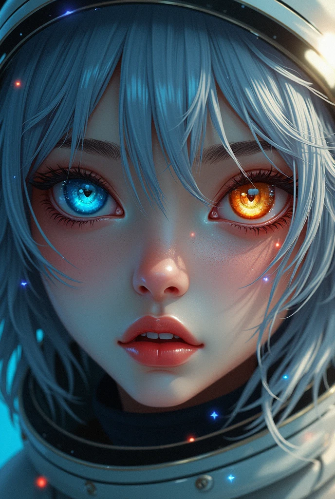 (Close-up of a better masterpiece:1.5)0.9], (Space and astronauts:1.2) (Messy silver hair:1.1) (Heterochromia xanthochromia and blue eyes:1.2) (Space Helmet:1.0) (Colored stars in the eyes:1.0) (A radiant glow:1.1) (thick lips:0.9)