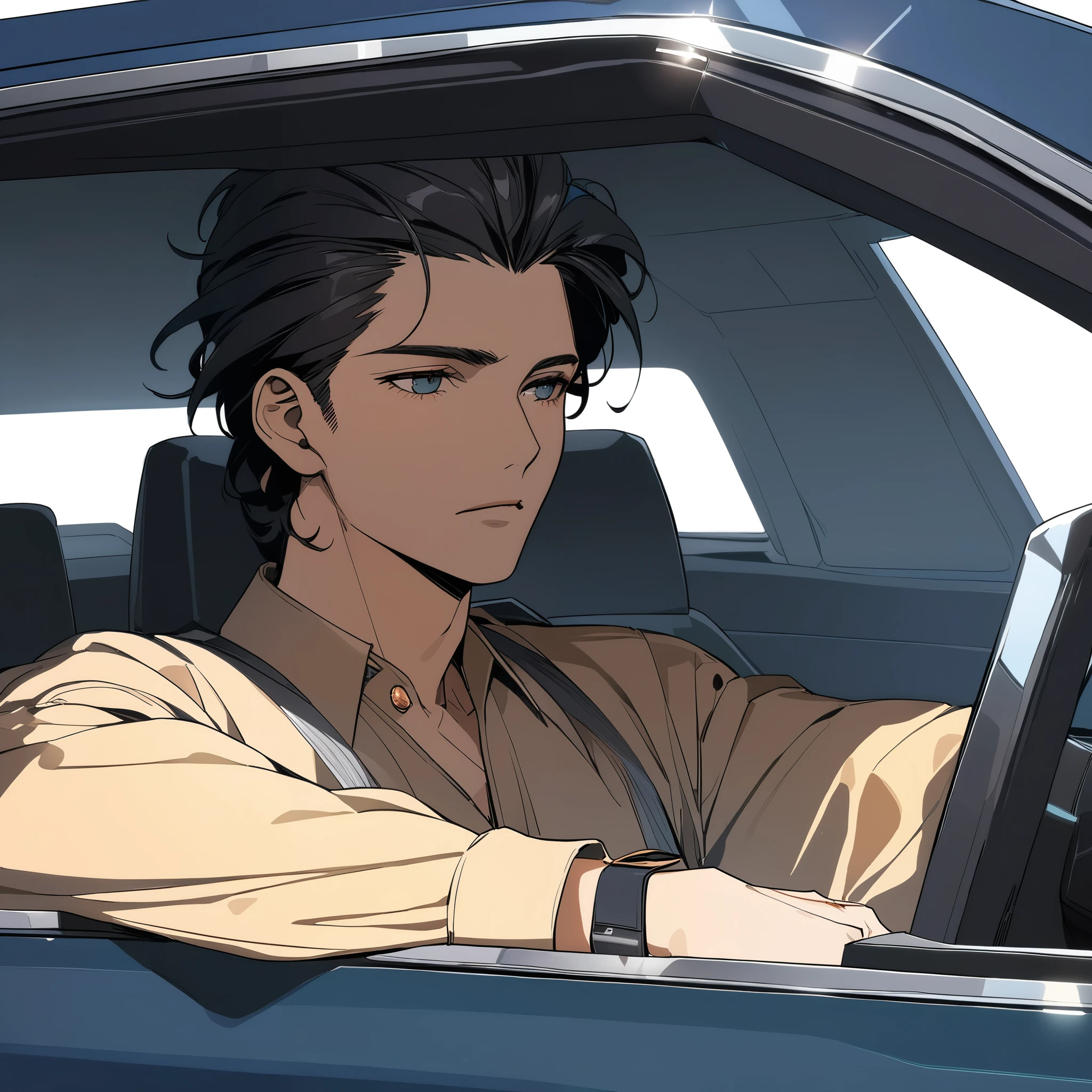 8k, 超High resolution, Super detailed, High resolution,(Well designed face), Great face, (Very detailed),male,front,Handsome,Listless,Gazing into the distance,In the car,driving、1980s