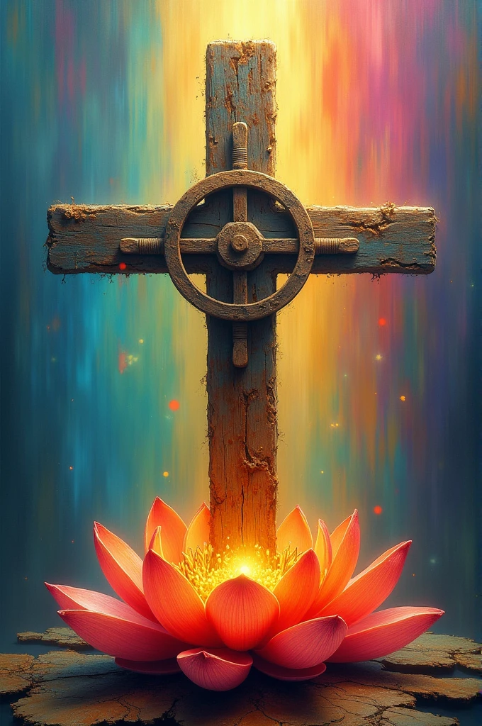 A dirty cross standing portrait on a lotus flower, without Jesus and on the centre of the cross a wooden wheel is placed. Background of this picture should be filled with rainbow colours