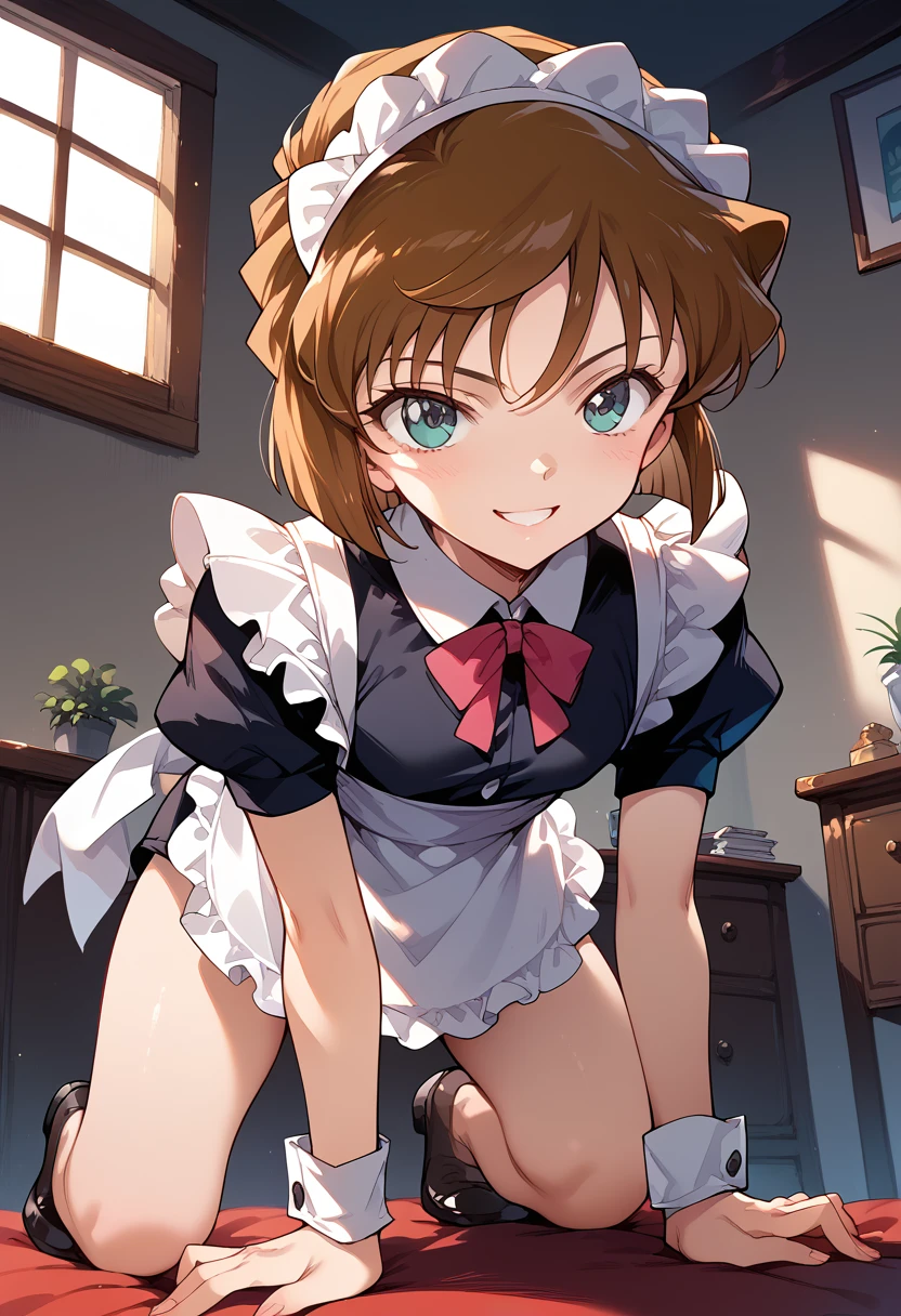 masterpiece,High resolution,Highest quality,8k(Detective Conan,ai haibara) (***************,,Flat Chest,Short,Brown Hair,short hair) ((Maid clothes))On all fours,From below,smile